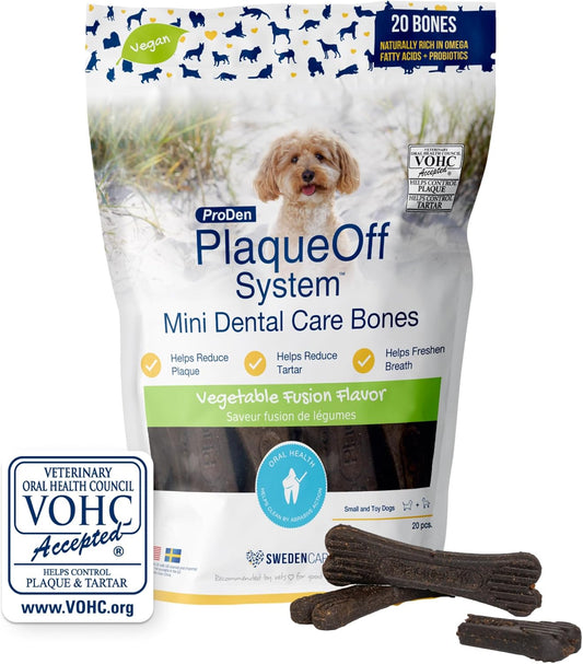 PlaqueOff 20 Mini huesos para perritos - 100% vegetal. Elimina la placa, el sarro y el mal aliento.